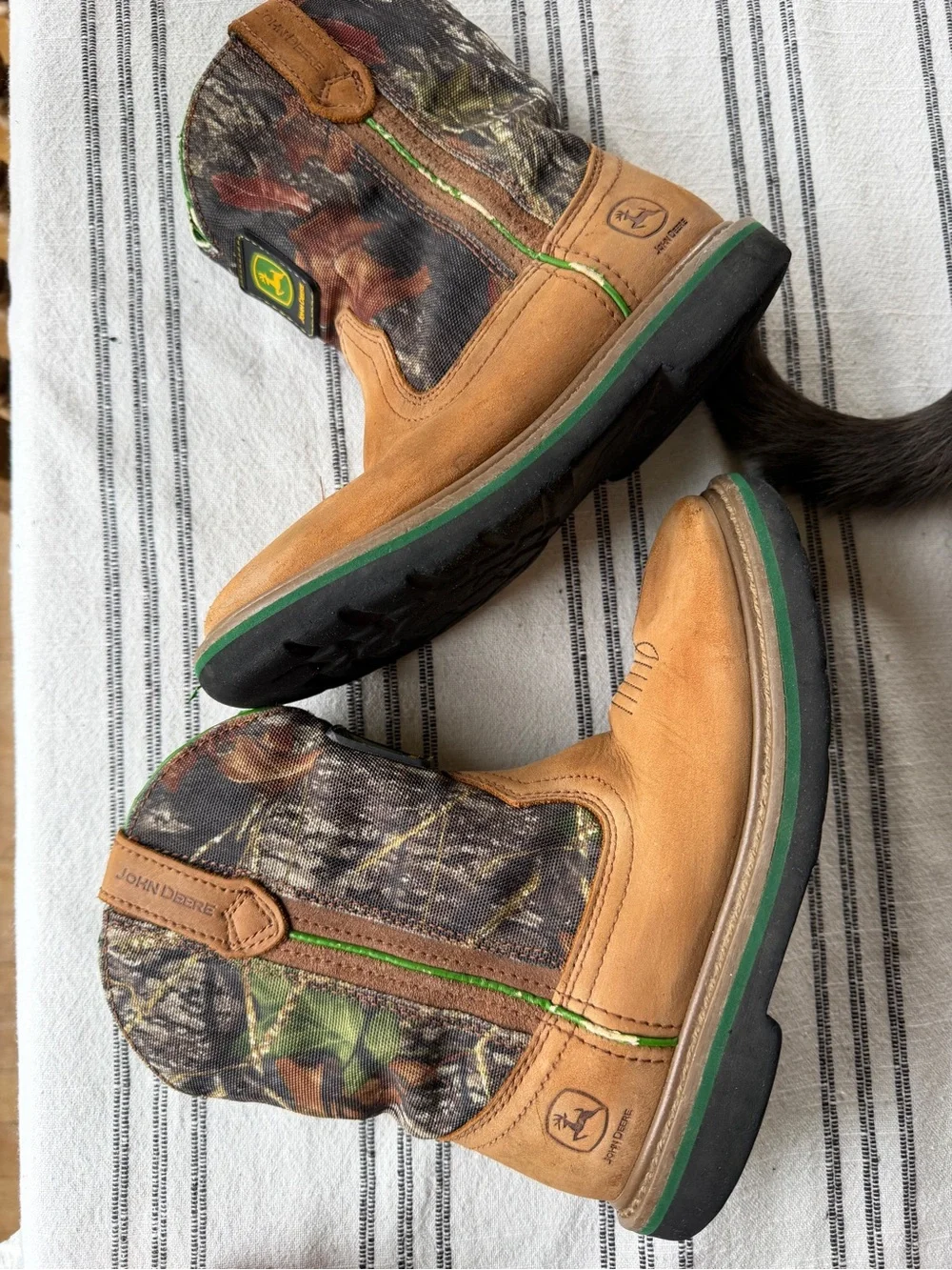 John Deere Tan Leather & Camo Kids Pull-On Boots with Green Trim,Boys 1.5